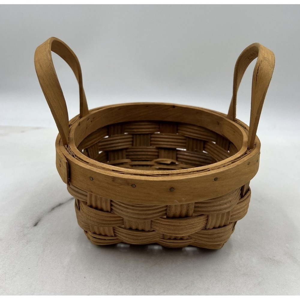 Woven Wood Splint Basket Round Rim Square Base Double Handle Natural Brown
